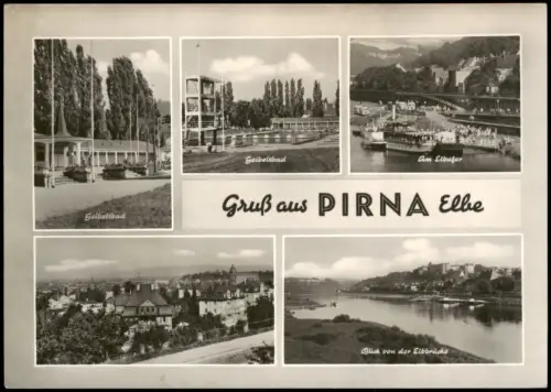 Pirna DDR Mehrbild-AK mit Geibeltbad, Schiffe am Elbe-Ufer uvm. 1967