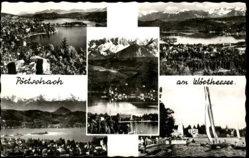 Pörtschach am Wörther See Mehrbildkarte mit Panoramaansichten und Segelboot 1955