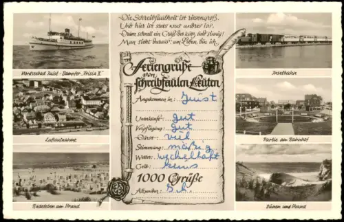 Juist Mehrbildkarte Juist mit Inselbahn, Dampfer Frisia X und Humor-Text 1959
