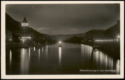 Ansichtskarte Bad Ems Abendstimmung an der Lahn mit Quellenturm 1955