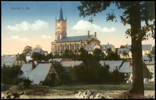 Ansichtskarte Hartha Häuser mit Kirche 1913