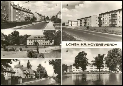 Ansichtskarte Lohsa Łaz MB mit Poliklinik, Schulen und Straßenansichten 1986