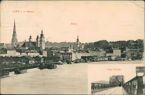 Ansichtskarte Linz 2 Bild Stadt Hafen und Neue Brücke 1909