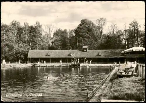 Ansichtskarte Luckenwalde Freibad mit Liegewiese und Funktionsgebäude 1957