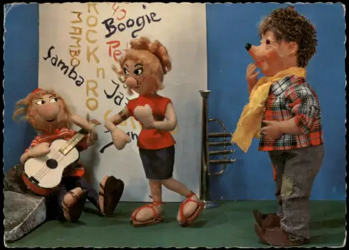 Ansichtskarte  Mecki-Stil Puppen beim Tanzen und Musizieren 1961