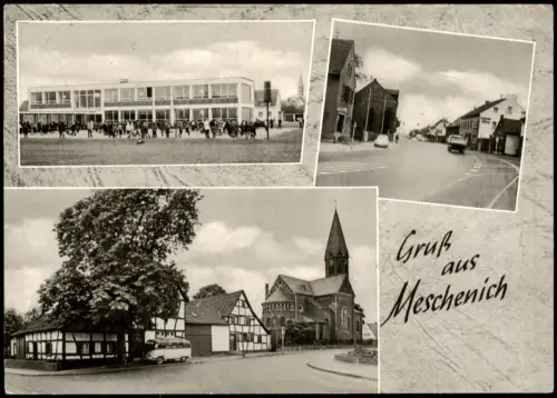 Ansichtskarte Meschenich-Köln MB: Kirche, Straße, Schule 1974