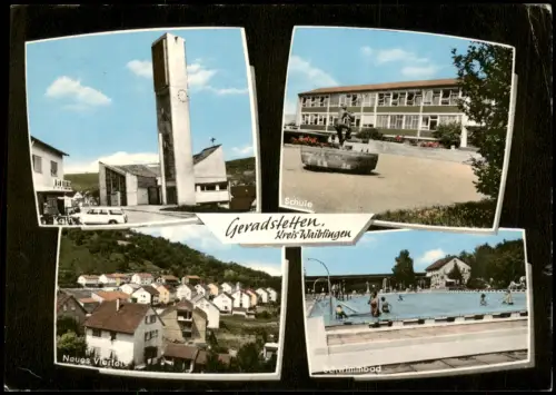 Geradstetten Mehrbildkarte mit Kirche, Schule, Wohnviertel und Schwimmbad 1975