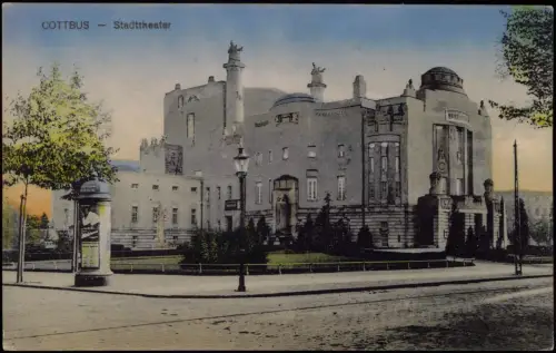 Ansichtskarte Cottbus Stadttheater Litfasssäule 1913