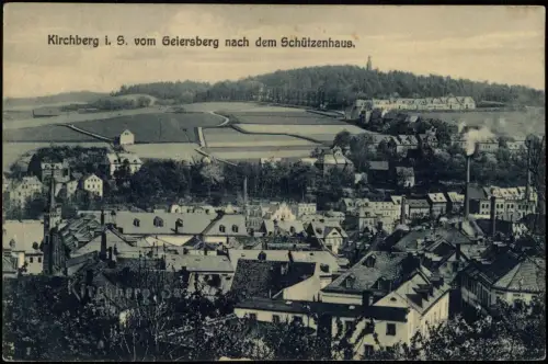Ansichtskarte Kirchberg (Sachsen) vom Geiersberg nach dem Schützenhaus. 1919