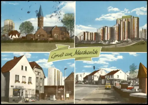 Meschenich Köln mit St. Blasius und Hochhauskomplex Auf dem Kölnberg 1977