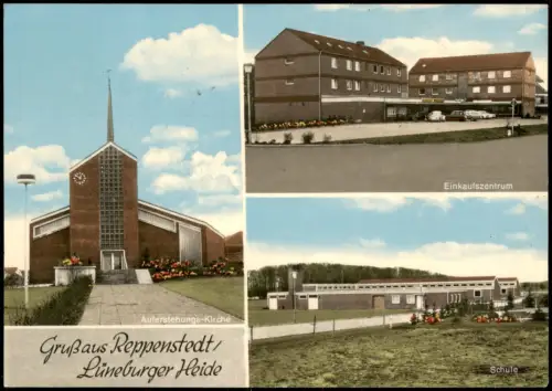 Ansichtskarte Reppenstedt MB: Kirche, Einkaufszentrum und Schule 1977