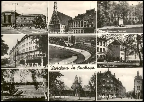 Zwickau Mehrbildansicht Zwickau mit Stadion, Rathaus und Hauptbahnhof 1960