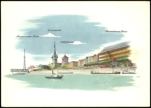 Düsseldorf Rheinufer mit Mannesmann-Haus, Schloßturm und St. Lambertus 1955