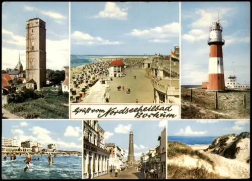Borkum Mehrbildkarte Grüße vom Nordseeheilbad Ortsansichten u.a. Leuchtturm 1970