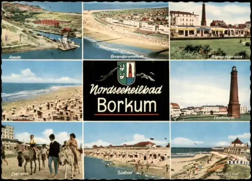 Borkum Mehrbild-AK  Reede, Luftaufnahme, Bismarckstr., Leuchtturm uvm. 1967