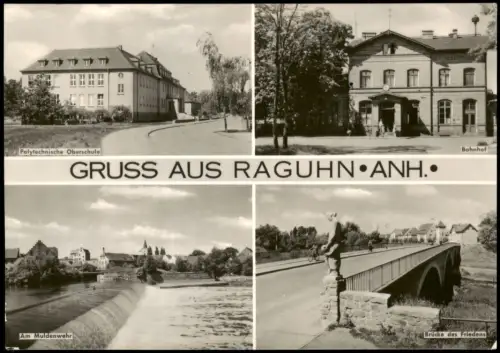 Raguhn-Jeßnitz DDR MB u.a. Polytechnische Oberschule, Bahnhof, Brücke 1966