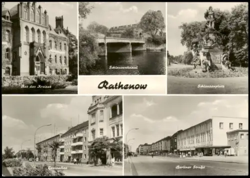 Rathenow DDR Mehrbild-AK mit Schleusen-Kanal, Leninallee, Berliner Str. 1973