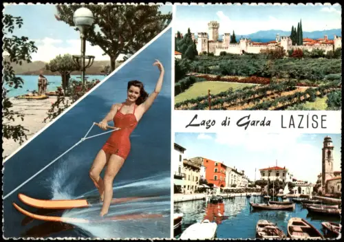 Lazise Mehrbildkarte Lazise am Gardasee mit Wasserski, Skaligerburg  Hafen 1953