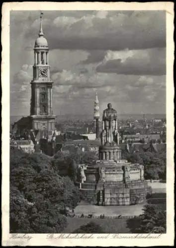 Ansichtskarte St. Pauli-Hamburg St. Michaeliskirche und Bismarckdenkmal 1937