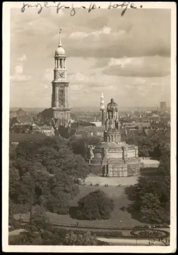 Ansichtskarte St. Pauli-Hamburg St. Michaeliskirche und Bismarck-Denkmal 1935