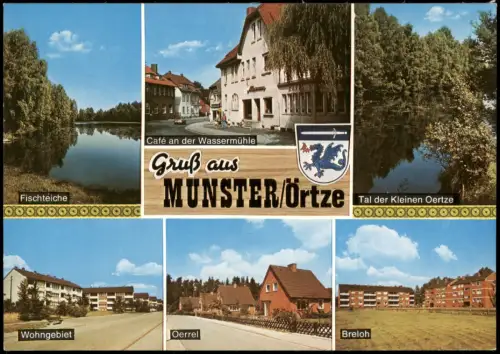 Munster (Örtze) Mehrbildansicht mit Café an der Wassermühle und Ortsteilen 1980