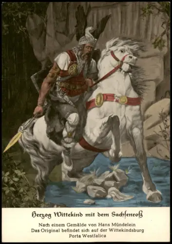 Porta Westfalica Herzog Wittekind dem Sachsenroß Gemälde Hans Mündelein 1960