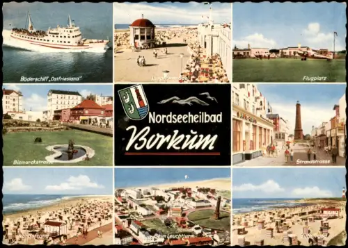 Ansichtskarte Borkum Mehrbildkarte mit 8 Ansichten und Stadtwappen 1964