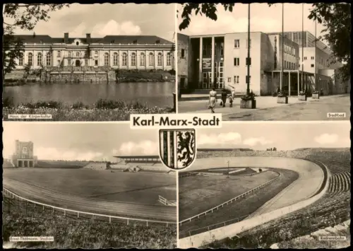 Chemnitz DDR Mehrbild-AK u.a mit Radrennbahn und Ernst-Thälmann-Stadion 1963