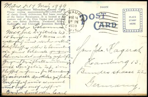 Postcard Milwaukee Milwaukee County Court House 1939