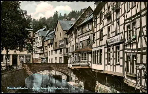 Monschau/Eifel Montjoie An der Friedrich Wilhelm-Brücke Colorfotokarte 1958