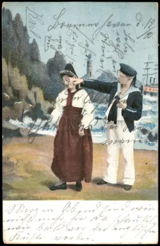 Ansichtskarte  Matrose streichelt Frau in Tracht am Strand 1910