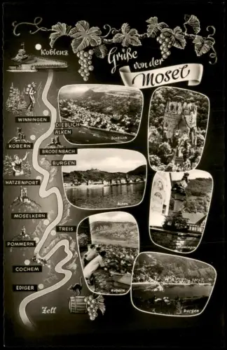 Burgen (Mosel) Mehrbildkarte Moselverlauf mit Ortsansichten und Burg Eltz 1955