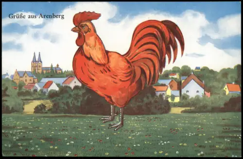 Ansichtskarte Arenberg-Koblenz Illustrierter Hahn vor Dorfpanorama 1961