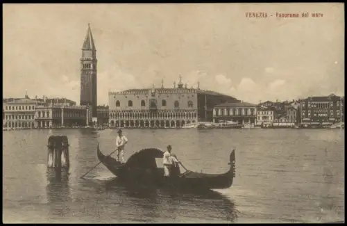 Venedig Venezia Panorama vom Meer mit Gondel, Markusturm und Dogenpalast 1910