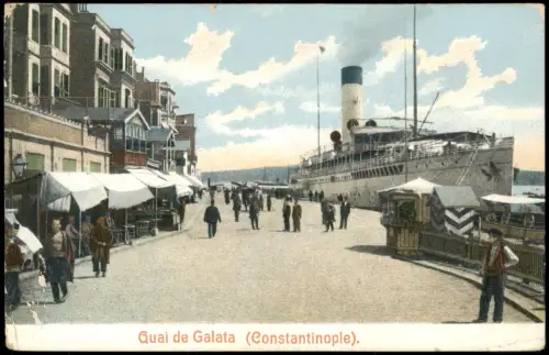 Postcard Istanbul Quai de Galata Constantinople Schiff am Hafen-Kai 1910