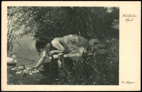 Ansichtskarte  Fröhliches Spiel - Mädchen mit Entenküken 1915