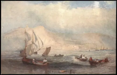 Postcard Hastings Fischerboote auf dem Meer beim Leinenfischen 1910