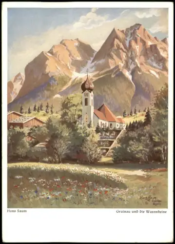 Ansichtskarte Grainau Ortsansicht Künstlerkarte Hans Säum 1930