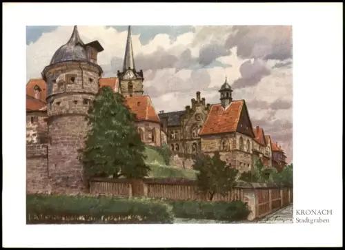 Kronach Stadtteilansicht Künstlerkarte nach Aquarell von Gust. Lüttgens 1970