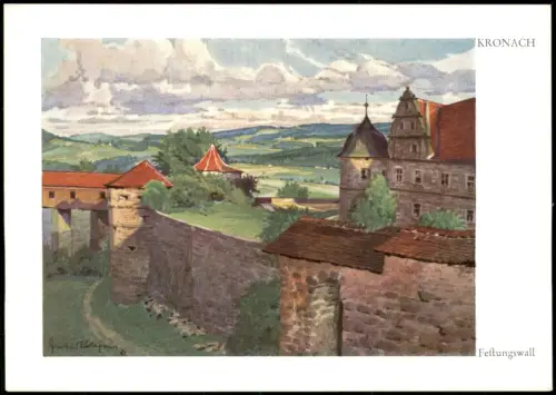 Kronach Stadtteilansicht Kunst Künstlerkarte Aquarell von Gust. Lüttgens 1970