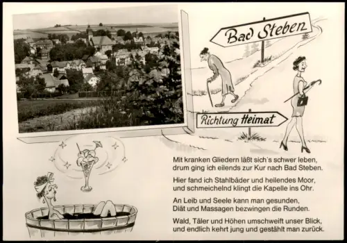 Ansichtskarte Bad Steben Ortsansicht mit Kur-Illustrationen 1955