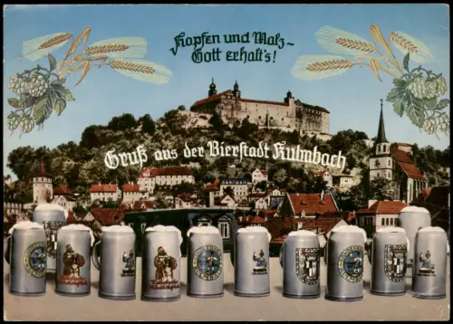 Ansichtskarte Kulmbach Ortsansicht der Bier-Stadt mit Bierkrügen 1963