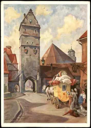 Dinkelsbühl Pferde Kutsche  Gasthof wilden Mann  Ölgemälde Rudolf Warnecke 1930