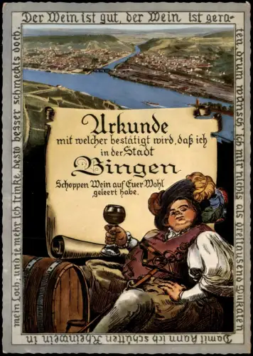 Bingen am Rhein Rhein-Partie, Illustration mit Schoppen Wein Trinker 1960