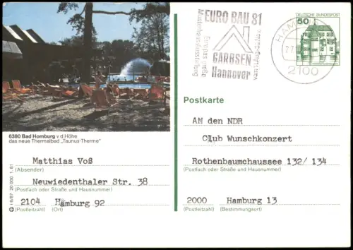 Bad Homburg vor der Höhe DBP  Bildpostkarte mit Thermalbad Taunus-Therem 1980