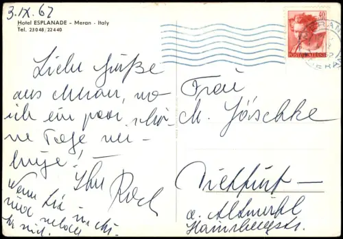 Cartolina Meran Merano Hotel ESPLANADE Meran Italy 1962