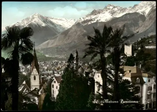 Cartolina Meran Merano Panorama-Ansicht Blick auf verschneite Berge 1955