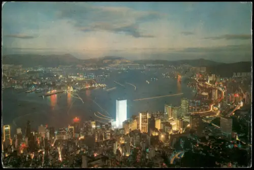 Postcard Hongkong Panorama-Ansicht bei Nacht, Night View Glimmer 1981