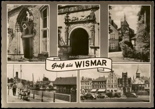 Wismar DDR Mehrbildkarte mit Freihafen, Fürstenhof, Markt Wasserkunst 1961