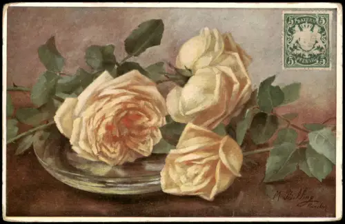Ansichtskarte  Fauna & Pflanzen: Rosen Strauß Künstlerkarte 1914